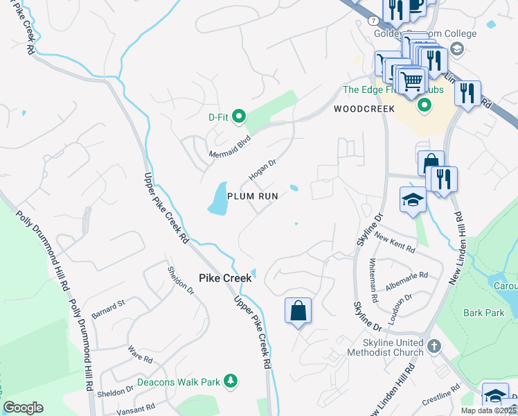 map of restaurants, bars, coffee shops, grocery stores, and more near 4836 Plum Run Court in Wilmington