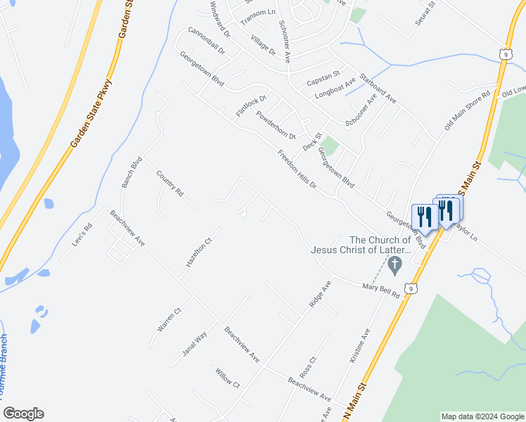 map of restaurants, bars, coffee shops, grocery stores, and more near 154 Mary Bell Road in Stafford Township