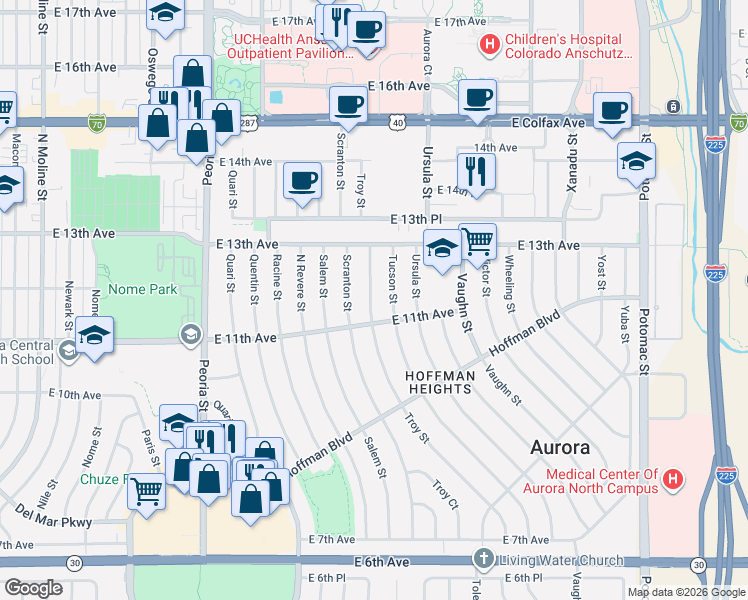 map of restaurants, bars, coffee shops, grocery stores, and more near 1203 Tucson Street in Aurora