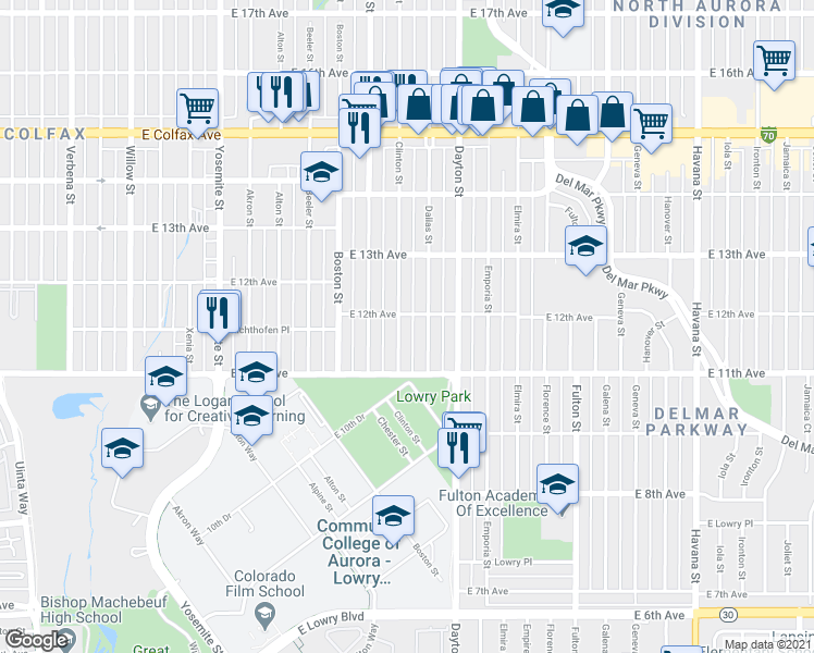 map of restaurants, bars, coffee shops, grocery stores, and more near 1225 Dallas Street in Aurora