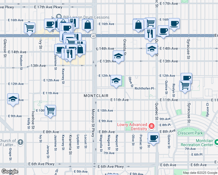 map of restaurants, bars, coffee shops, grocery stores, and more near 1170 Niagara Street in Denver