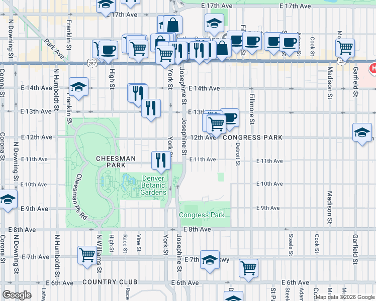 map of restaurants, bars, coffee shops, grocery stores, and more near 1165 Columbine Street in Denver