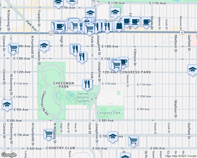 map of restaurants, bars, coffee shops, grocery stores, and more near in Denver