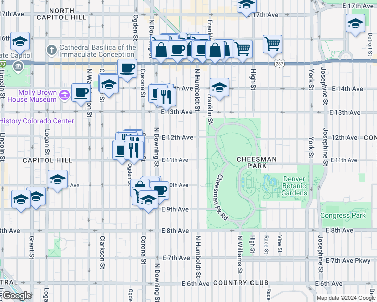 map of restaurants, bars, coffee shops, grocery stores, and more near 1420 East 12th Avenue in Denver