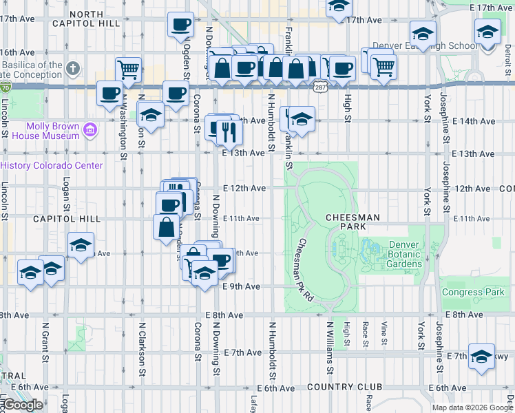 map of restaurants, bars, coffee shops, grocery stores, and more near 1420 East 12th Avenue in Denver