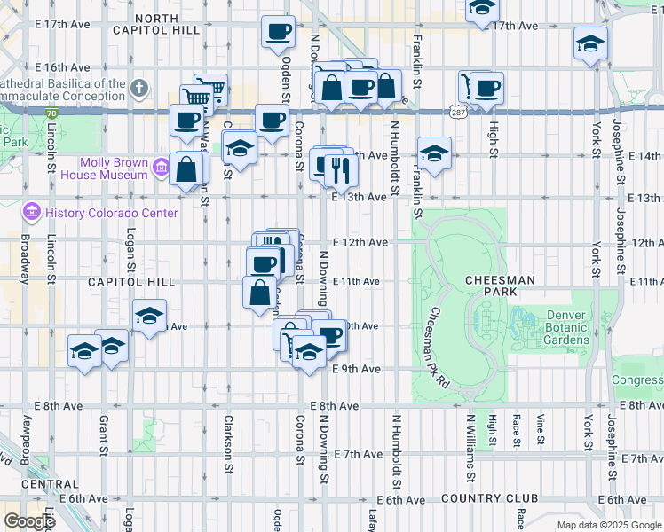 map of restaurants, bars, coffee shops, grocery stores, and more near 1124 East 12th Avenue in Denver