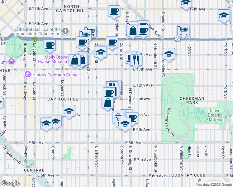 map of restaurants, bars, coffee shops, grocery stores, and more near 1165 Corona Street in Denver