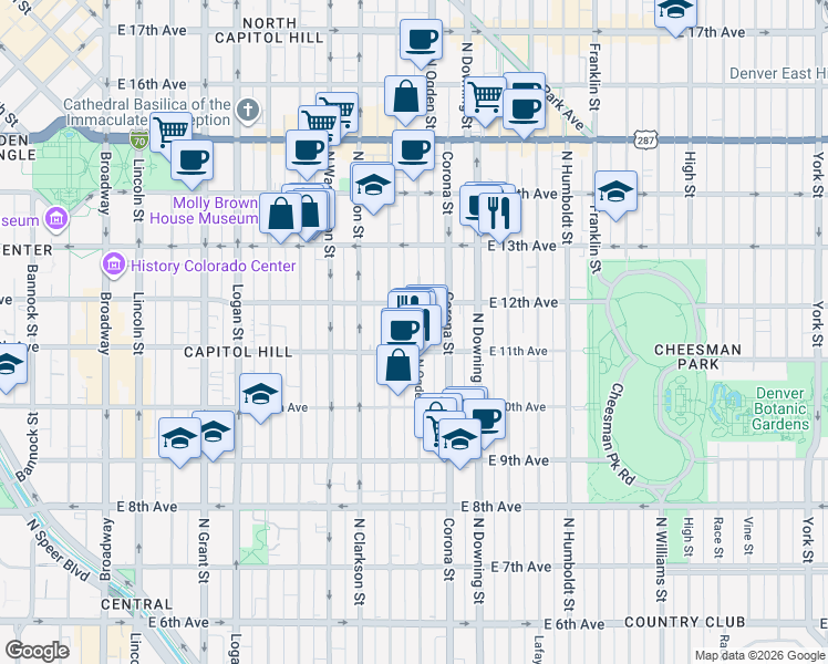 map of restaurants, bars, coffee shops, grocery stores, and more near 910 East 12th Avenue in Denver