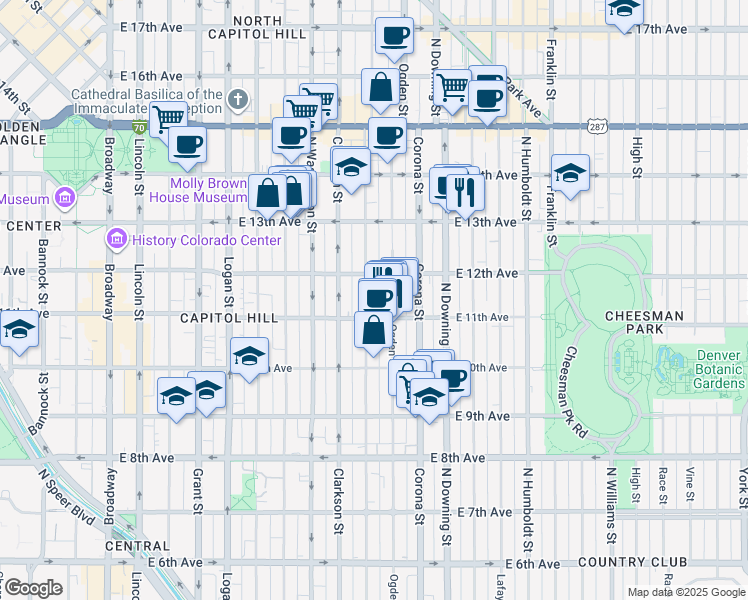 map of restaurants, bars, coffee shops, grocery stores, and more near 910 East 12th Avenue in Denver