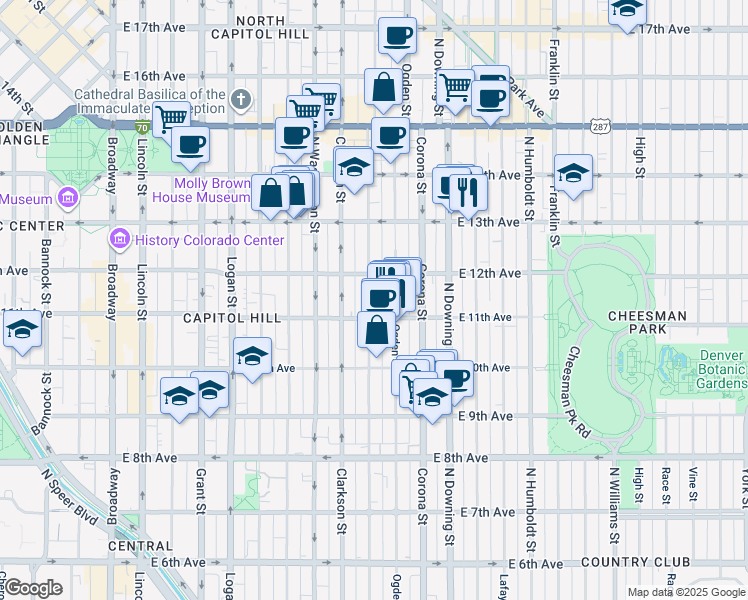 map of restaurants, bars, coffee shops, grocery stores, and more near 910 East 12th Avenue in Denver