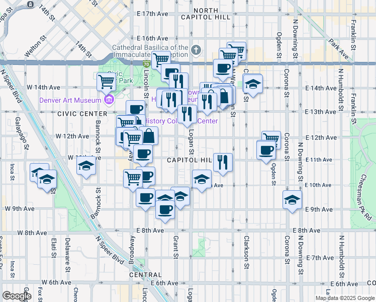 map of restaurants, bars, coffee shops, grocery stores, and more near in Denver