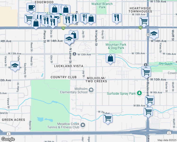 map of restaurants, bars, coffee shops, grocery stores, and more near 6105 West 11th Avenue in Lakewood
