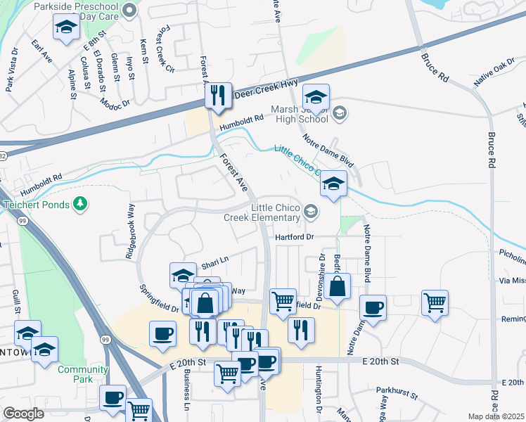 map of restaurants, bars, coffee shops, grocery stores, and more near 1330 Forest Avenue in Chico