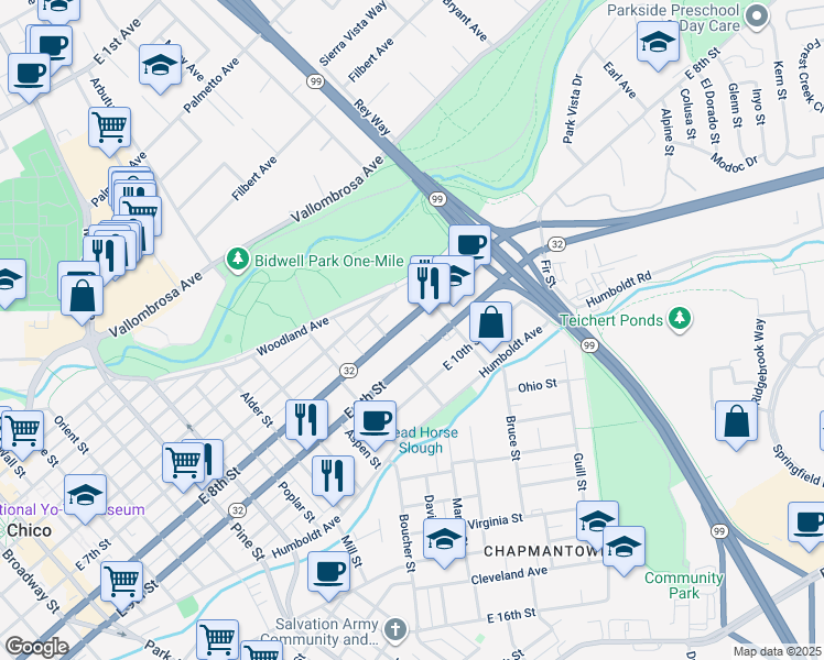 map of restaurants, bars, coffee shops, grocery stores, and more near 295 East 8th Street in Chico