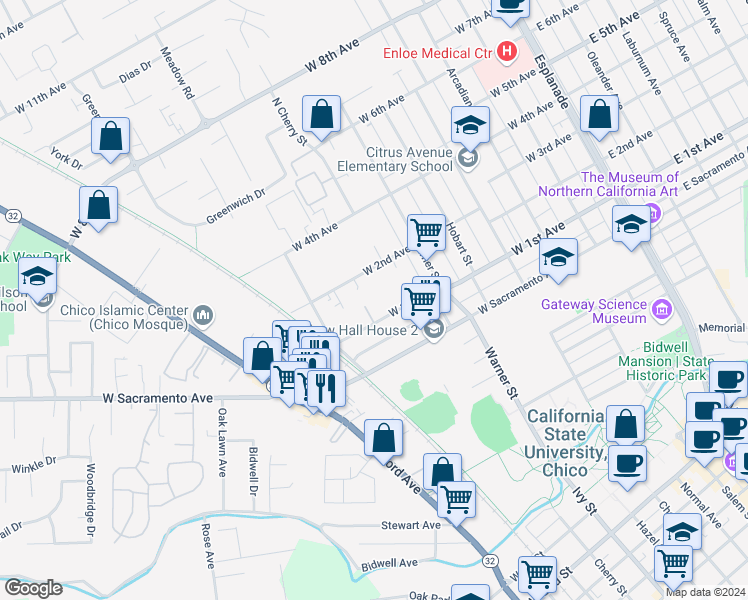 map of restaurants, bars, coffee shops, grocery stores, and more near 647 West 2nd Avenue in Chico