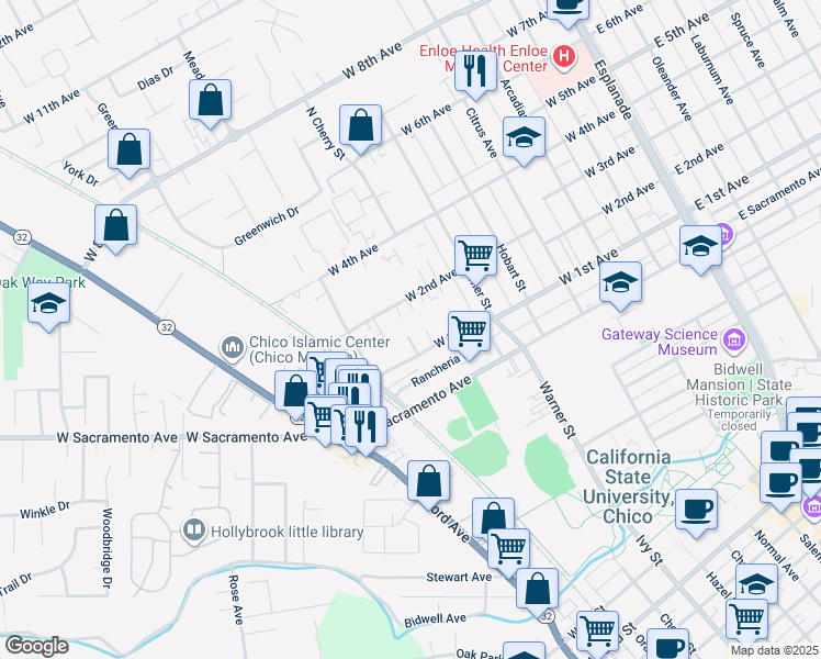 map of restaurants, bars, coffee shops, grocery stores, and more near 726 West 2nd Avenue in Chico