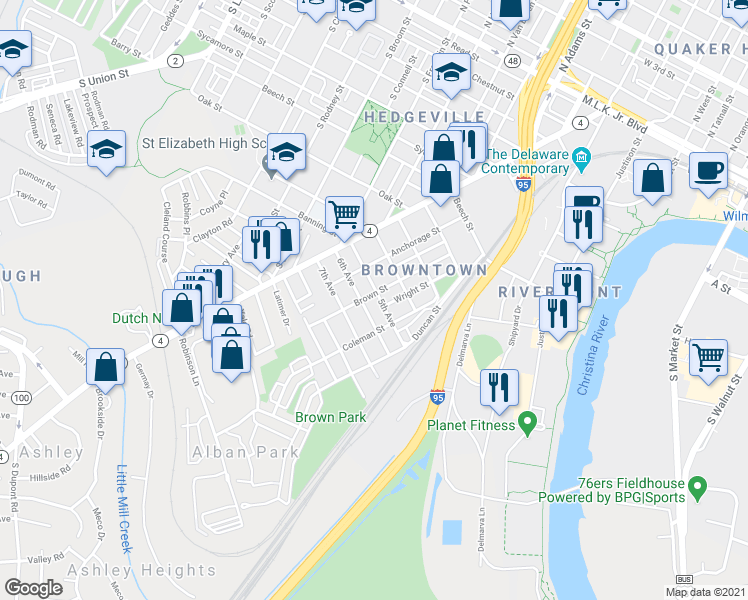 map of restaurants, bars, coffee shops, grocery stores, and more near 1005 Brown Street in Wilmington