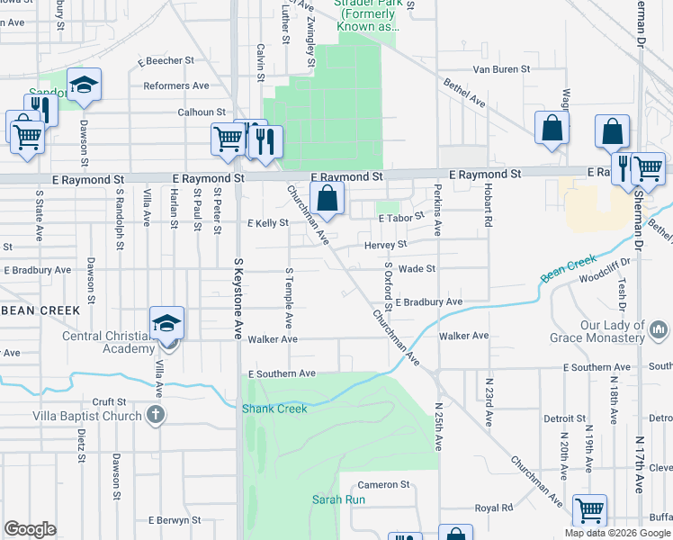 map of restaurants, bars, coffee shops, grocery stores, and more near 2344 Churchman Avenue in Indianapolis