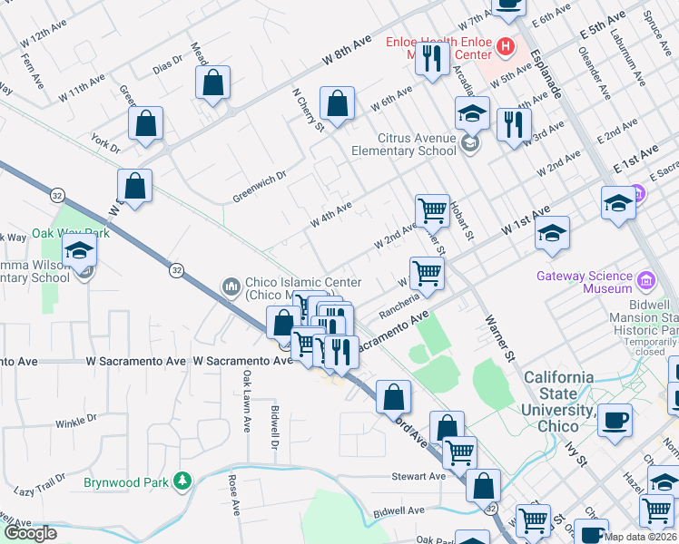 map of restaurants, bars, coffee shops, grocery stores, and more near 841 West 2nd Avenue in Chico