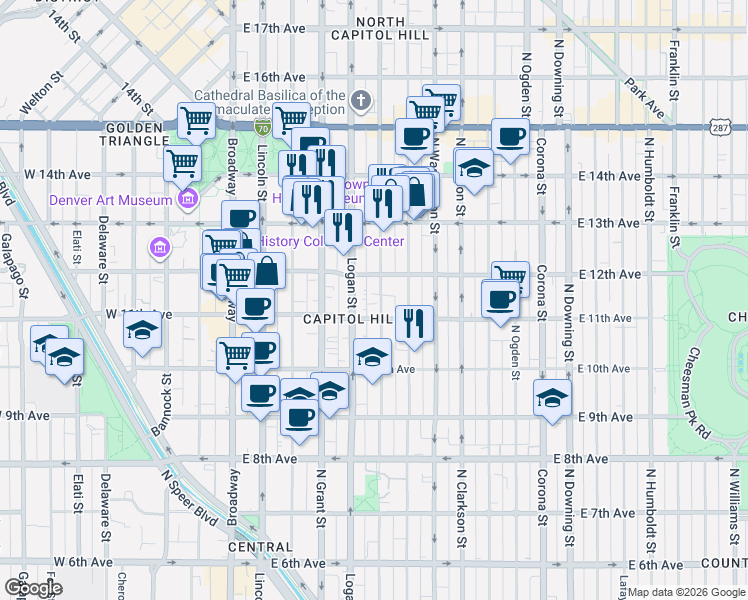 map of restaurants, bars, coffee shops, grocery stores, and more near 1129 Pennsylvania Street in Denver