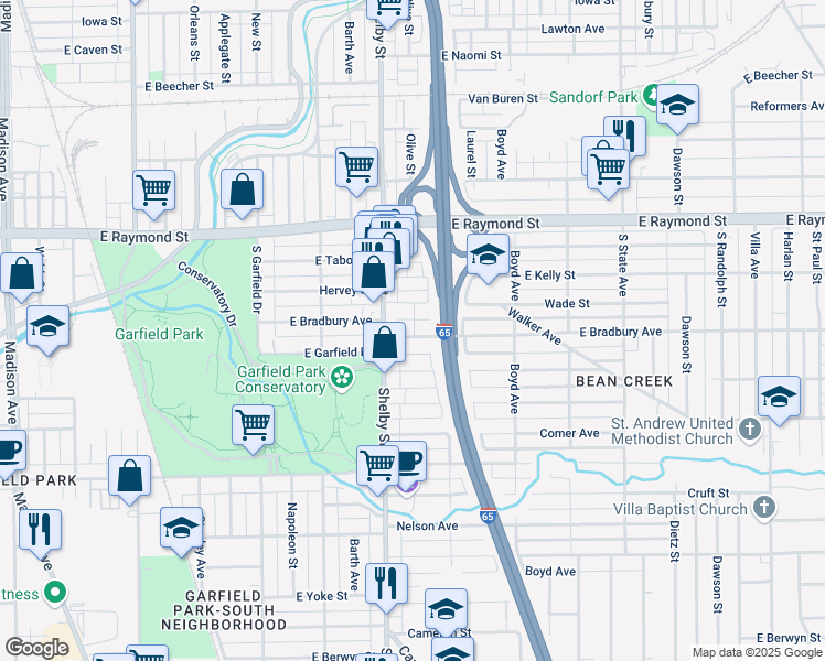 map of restaurants, bars, coffee shops, grocery stores, and more near 1130 East Bradbury Avenue in Indianapolis