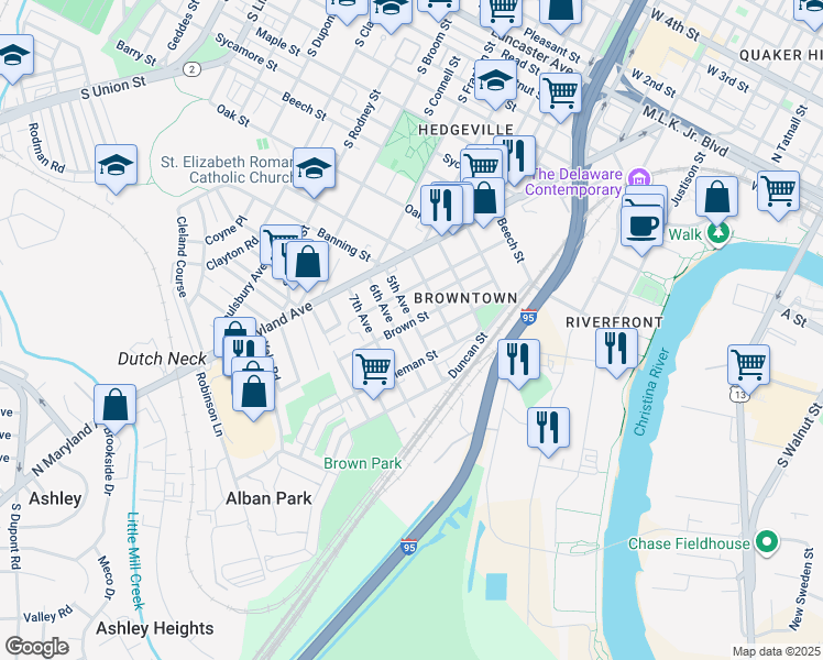 map of restaurants, bars, coffee shops, grocery stores, and more near 206 5th Avenue in Wilmington