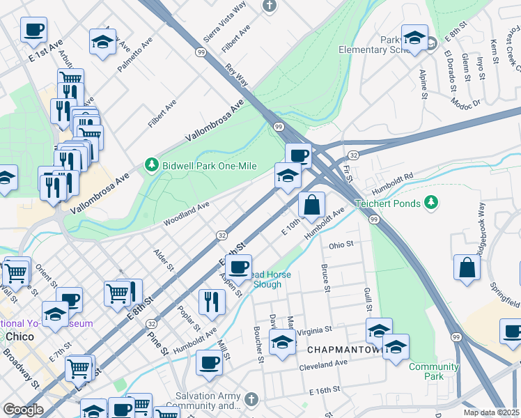 map of restaurants, bars, coffee shops, grocery stores, and more near 295 East 8th Street in Chico