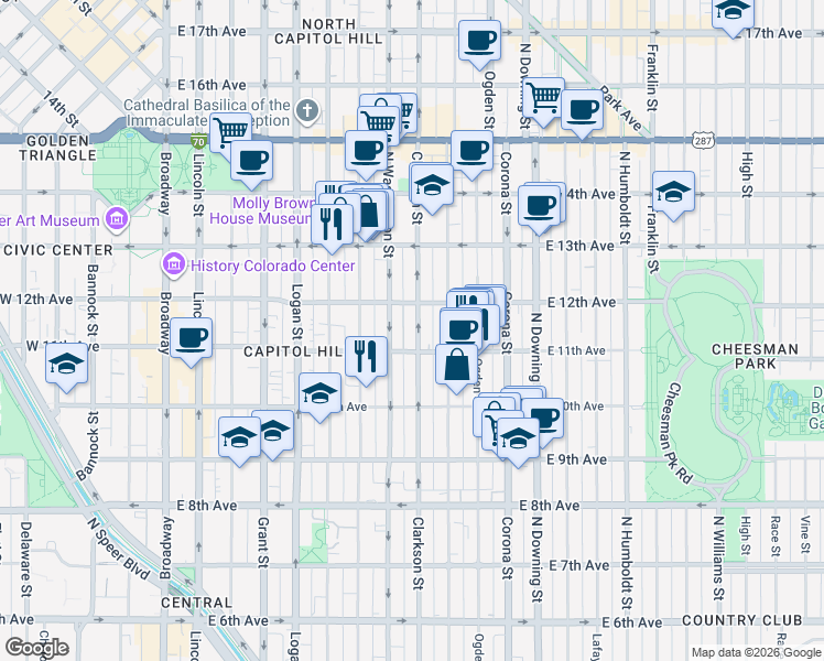 map of restaurants, bars, coffee shops, grocery stores, and more near 810 East 12th Avenue in Denver