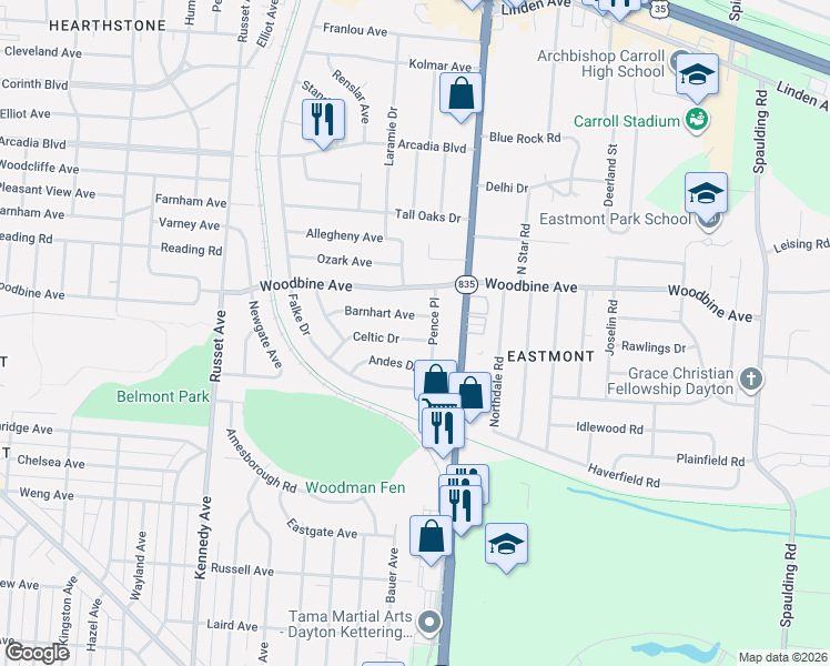 map of restaurants, bars, coffee shops, grocery stores, and more near 4867 Barnhart Avenue in Dayton