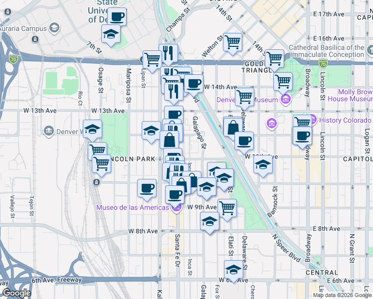 map of restaurants, bars, coffee shops, grocery stores, and more near 1180 Santa Fe Drive in Denver