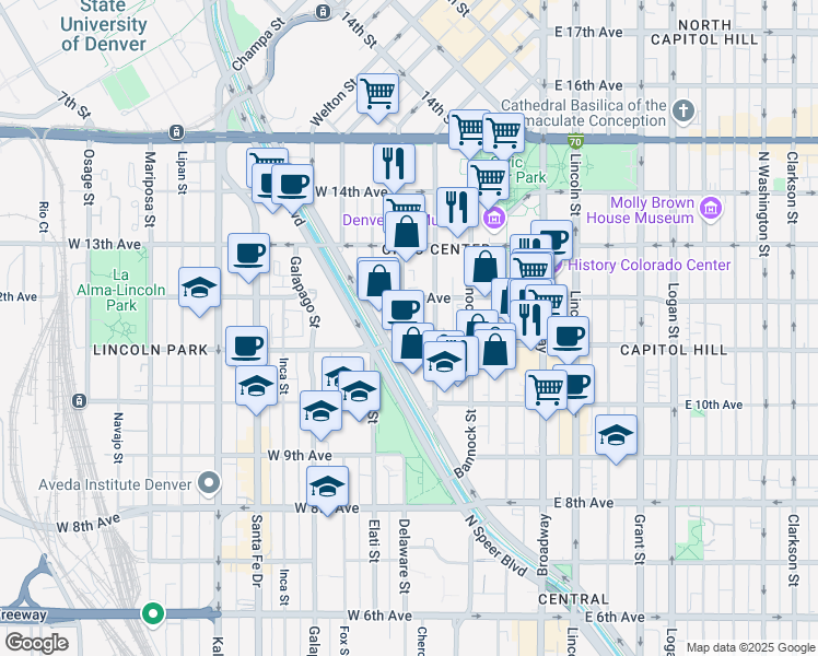 map of restaurants, bars, coffee shops, grocery stores, and more near 1120 Delaware Street in Denver