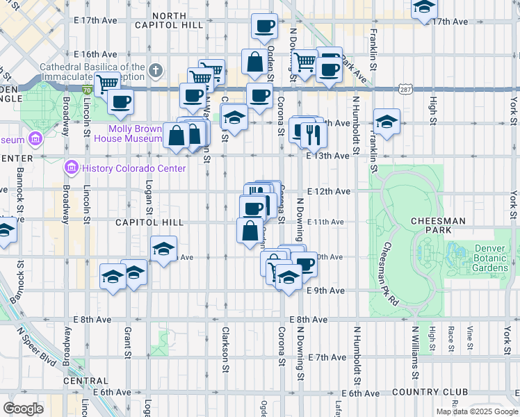 map of restaurants, bars, coffee shops, grocery stores, and more near 1135 Ogden Street in Denver