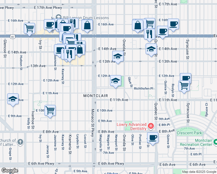 map of restaurants, bars, coffee shops, grocery stores, and more near East Richthofen Place Parkway in Denver
