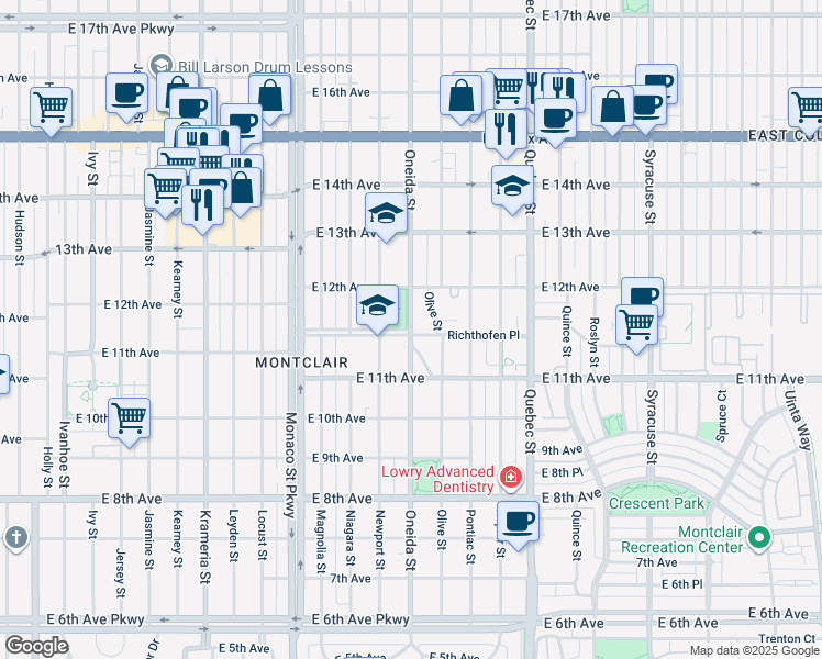 map of restaurants, bars, coffee shops, grocery stores, and more near in Denver