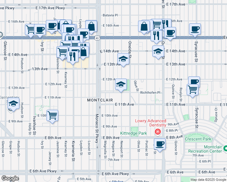 map of restaurants, bars, coffee shops, grocery stores, and more near East Richthofen Place Parkway in Denver