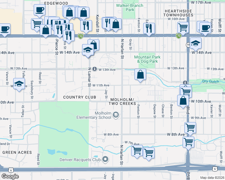 map of restaurants, bars, coffee shops, grocery stores, and more near 6105 West 11th Avenue in Lakewood