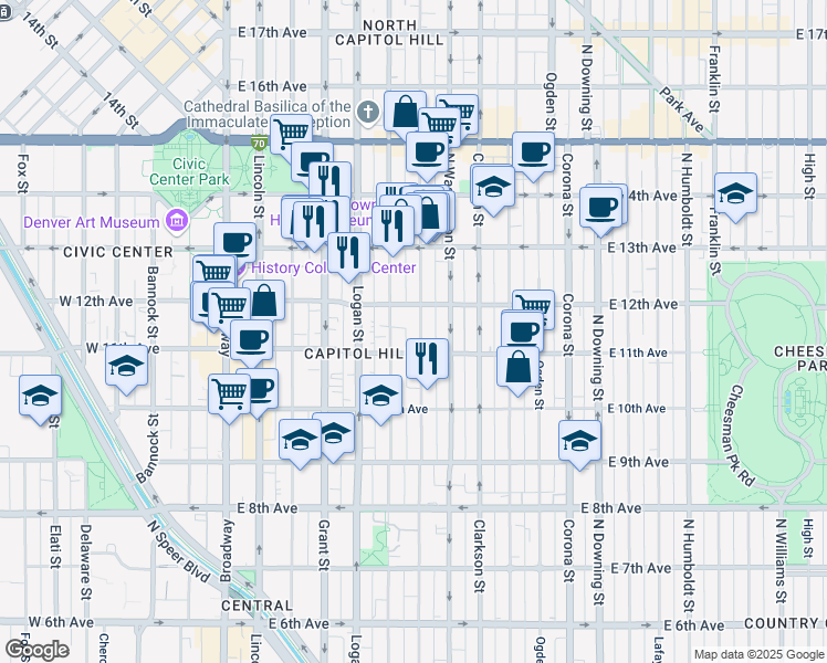 map of restaurants, bars, coffee shops, grocery stores, and more near in Denver