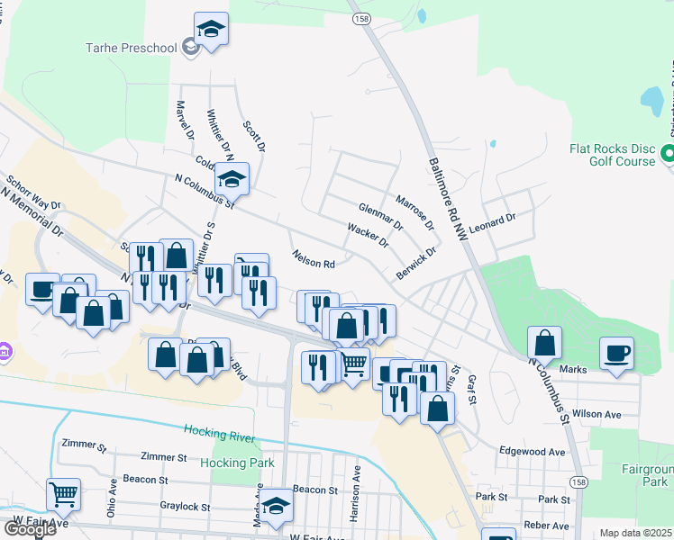map of restaurants, bars, coffee shops, grocery stores, and more near 1811 Nelson Road in Lancaster