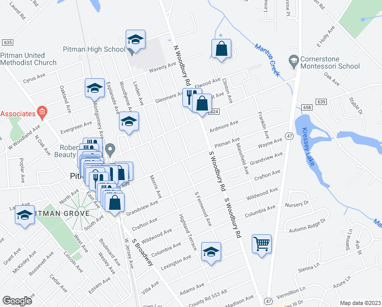 map of restaurants, bars, coffee shops, grocery stores, and more near 342 Pitman Avenue in Pitman