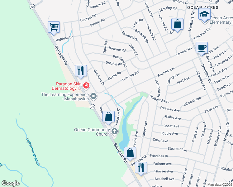 map of restaurants, bars, coffee shops, grocery stores, and more near 157 Leeward Road in Stafford Township