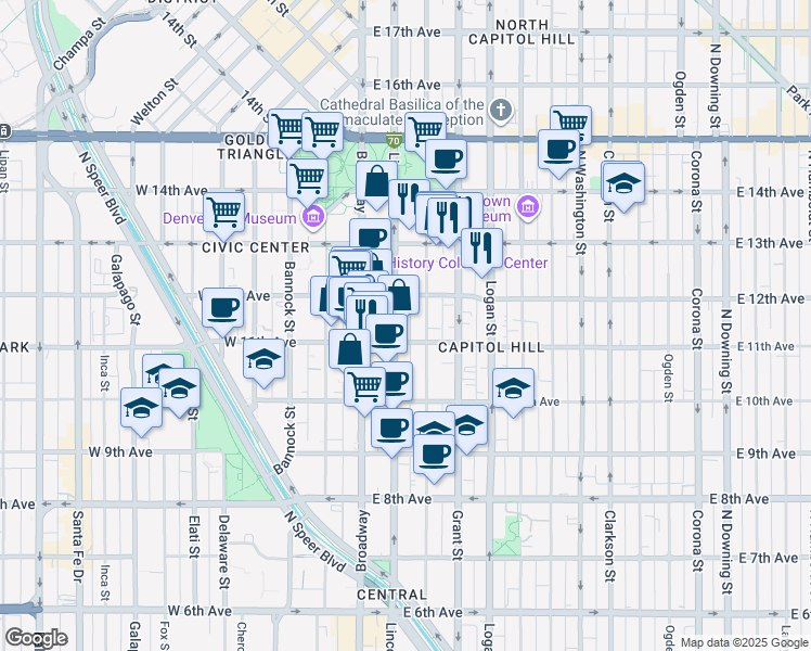 map of restaurants, bars, coffee shops, grocery stores, and more near 1151 Sherman Street in Denver