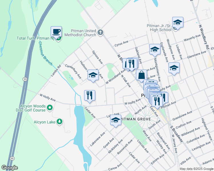 map of restaurants, bars, coffee shops, grocery stores, and more near 401 Elm Avenue in Pitman