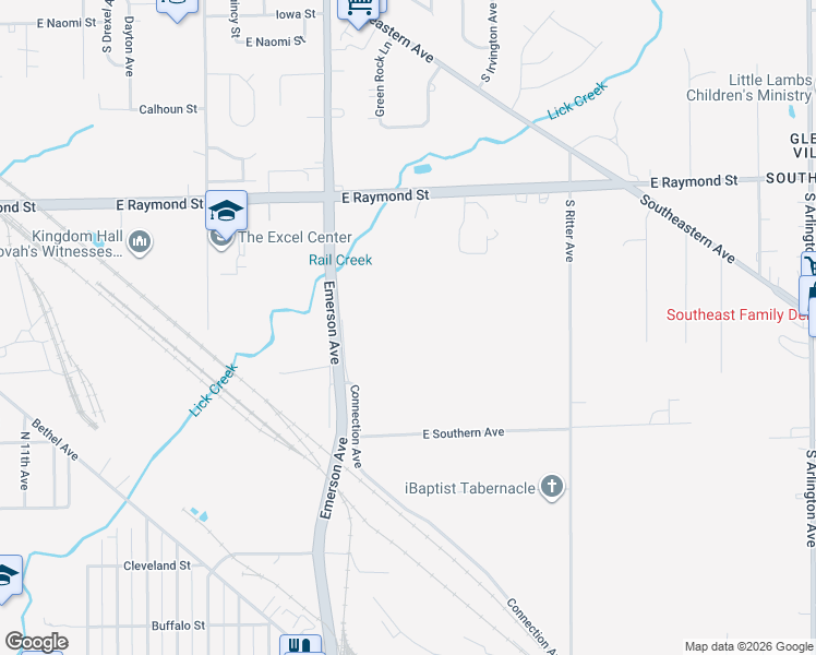 map of restaurants, bars, coffee shops, grocery stores, and more near 5210 East Southern Avenue in Indianapolis