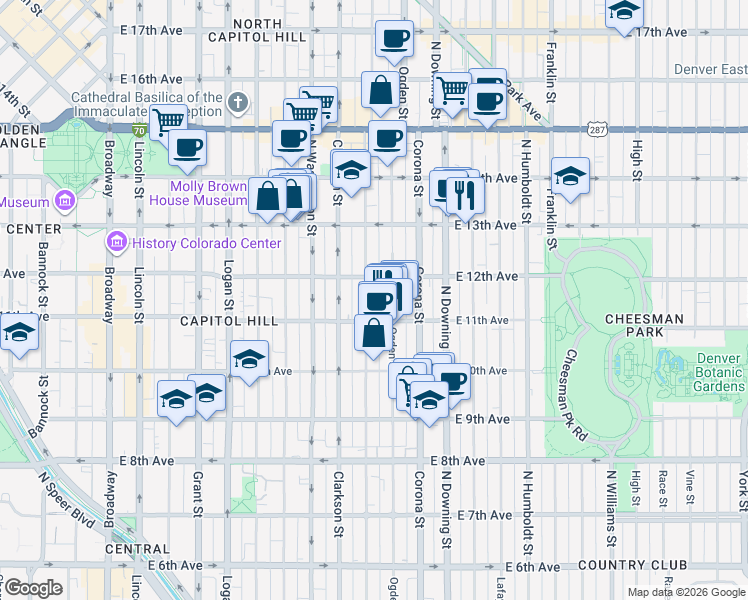 map of restaurants, bars, coffee shops, grocery stores, and more near 1136 North Emerson Street in Denver