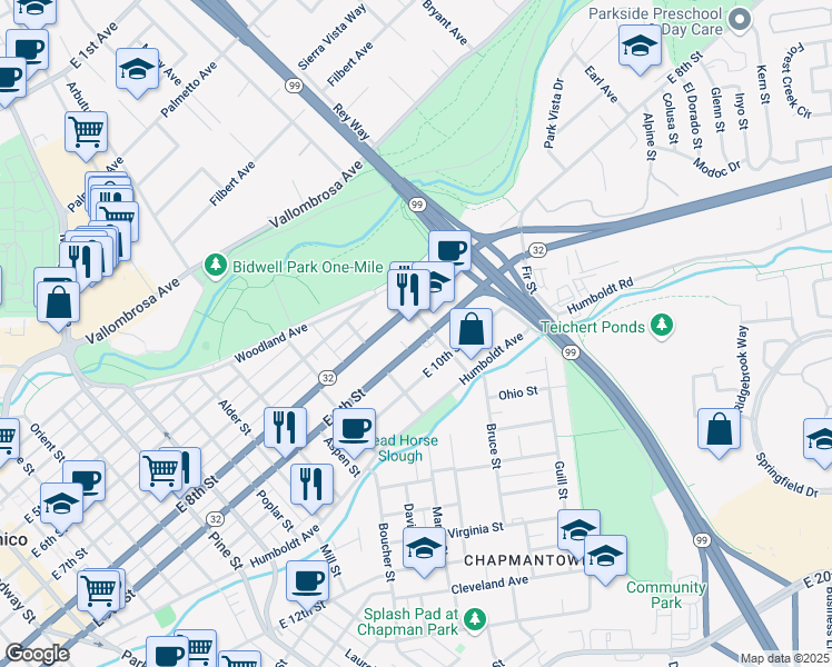 map of restaurants, bars, coffee shops, grocery stores, and more near 1280 East 9th Street in Chico