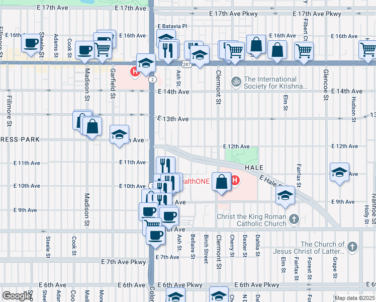 map of restaurants, bars, coffee shops, grocery stores, and more near 1181 Bellaire Street in Denver