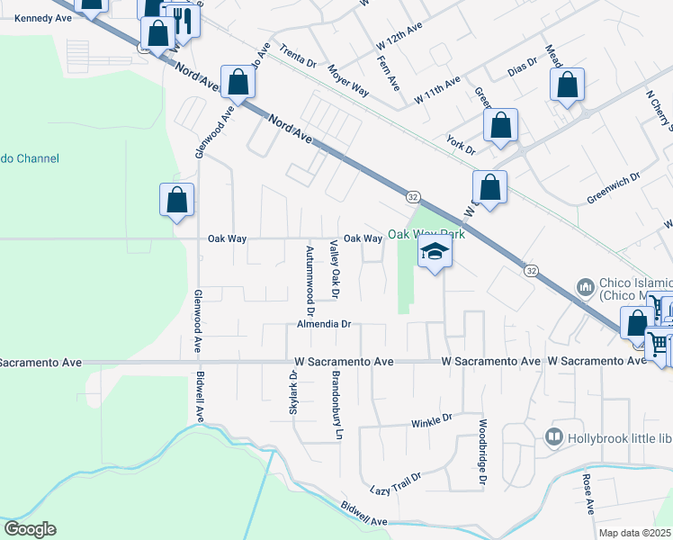 map of restaurants, bars, coffee shops, grocery stores, and more near Valley Oak Drive in Chico