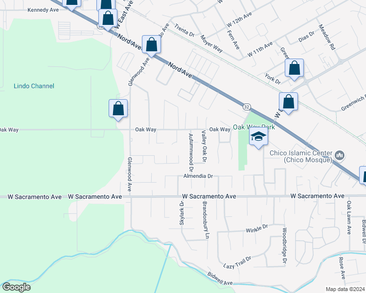 map of restaurants, bars, coffee shops, grocery stores, and more near 4 Acre Court in Chico