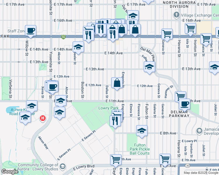 map of restaurants, bars, coffee shops, grocery stores, and more near 1203 Dayton Street in Aurora