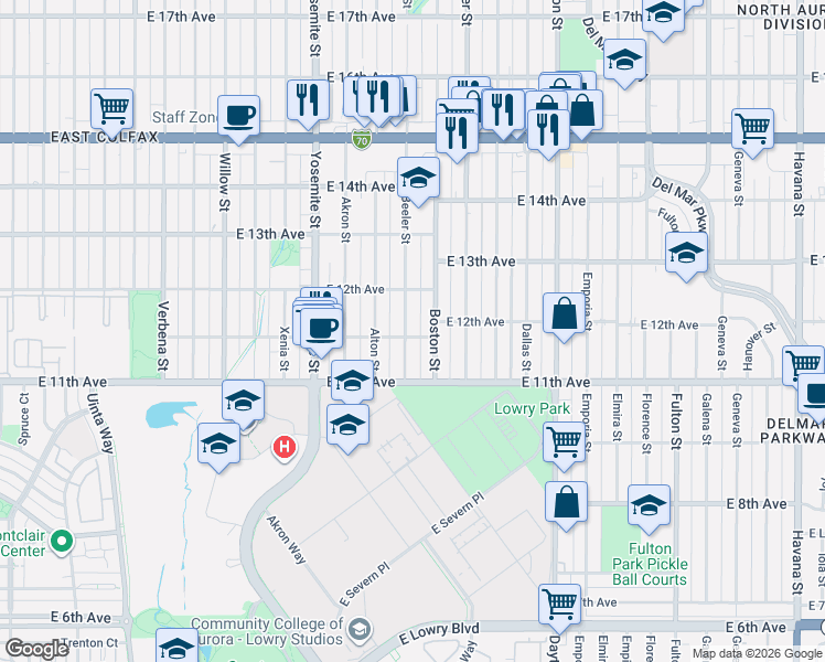 map of restaurants, bars, coffee shops, grocery stores, and more near 1179 Beeler Street in Aurora